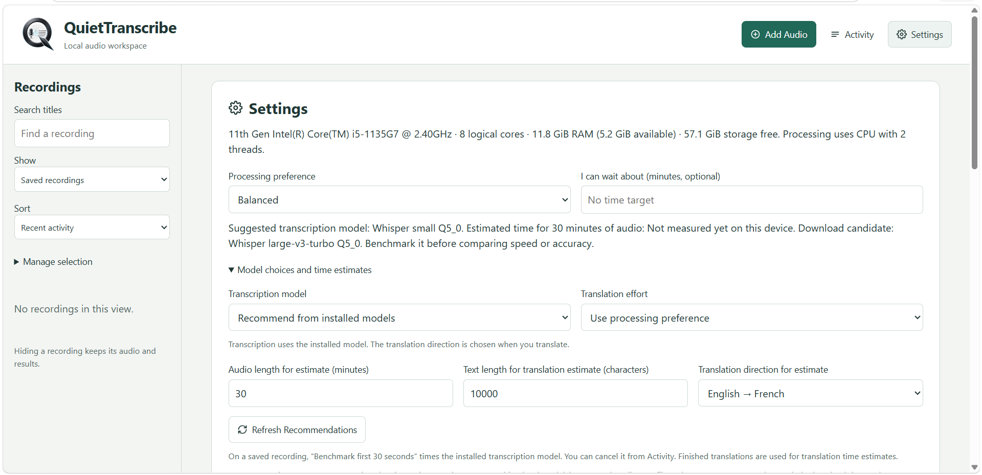 Settings showing hardware details, a Whisper model recommendation, and English to French translation estimates.